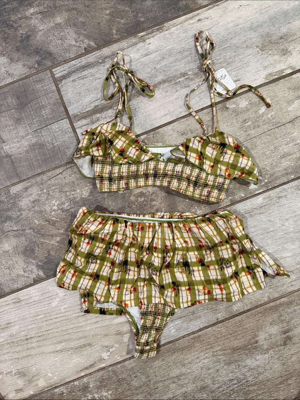 Free People Green Plaid Ruffle Bandeau Top with Tie Straps and Bottoms - Picture 5 of 5